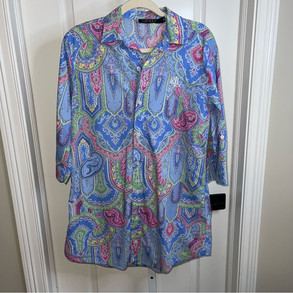 Lauren Ralph Lauren Paisley Button Front Blouse Blue Pink Size L Lightweight